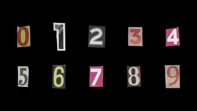 Set of cut-out ransom number from magazines on a black background, retro y2k style