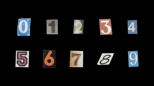 Set of cut-out ransom number from magazines on a black background, retro y2k style