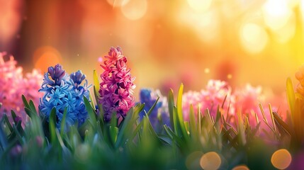 Poster - Vibrant Hyacinths in a Sun-Kissed Meadow