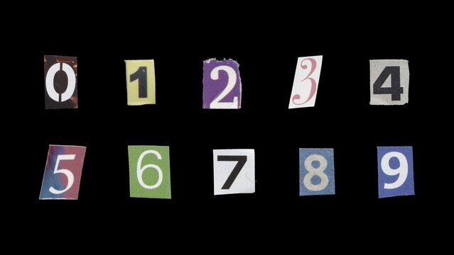 Set of cut-out ransom number from magazines on a black background, retro y2k style
