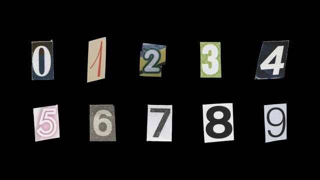 Set of cut-out ransom number from magazines on a black background, retro y2k style