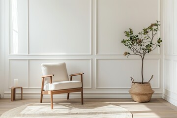 Poster - Minimalist Living Room with a Beige Armchair and a Plant