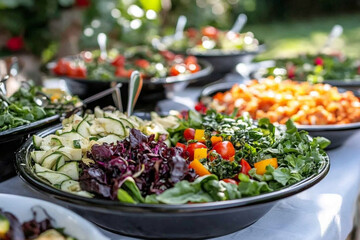 Wall Mural - Outdoor buffet spread of colorful salad dishes with fresh vegetables in summer event setting