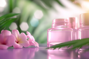 Poster - Two pink perfume bottles rest on a reflective surface, accompanied by vibrant tropical flowers and lush green leaves, creating a tranquil atmosphere