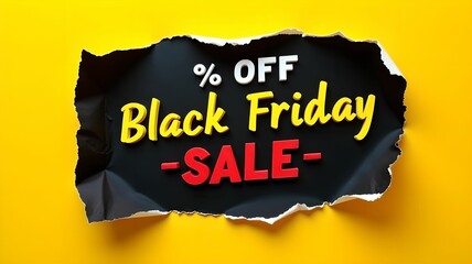 Black Friday sale announcement with a torn black paper background on yellow. 