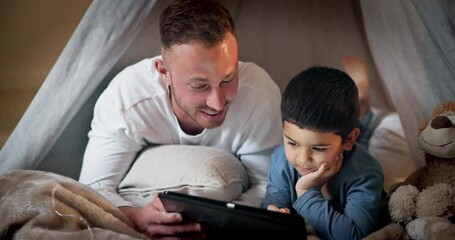 Sticker - Tablet, child and father talk with bedroom fort for social media, video or online gaming at home. Website, dad and boy together with bonding, streaming and movie with duvet and internet in a house