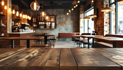 Modern cafe ambiance with an empty wooden table in a chic retro setting, capturing the essence of urban lifestyle in a cozy restaurant corner