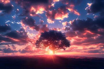 Wall Mural - Majestic Sunset Over a Solitary Tree in a Vibrant Sky