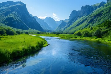 Wall Mural - Serene Mountain River Landscape Under Clear Blue Skies