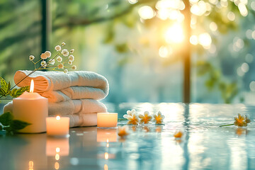 Wall Mural - The serene spa environment features white towels stacked neatly beside glowing candles and delicate flowers, creating a peaceful atmosphere enhanced by gentle sunlight