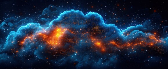 Wall Mural - A vibrant cosmic cloud illuminated by fiery stars against a dark backdrop.