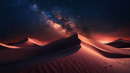 A vast desert landscape with majestic sand dunes under a sky filled with stars and the Milky Way.
