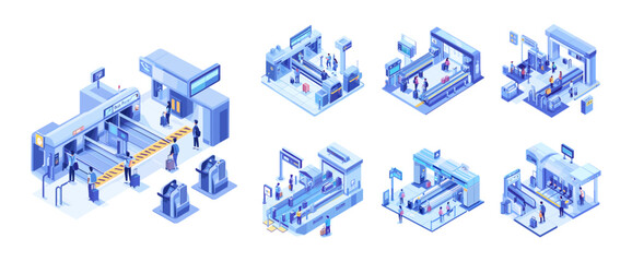 Fototapete - Isometric airport terminal passenger custom security control vector set. Tourists people travelers with baggage waiting departure, luggage conveyor bag scanner inspection air trip, isolated artworks