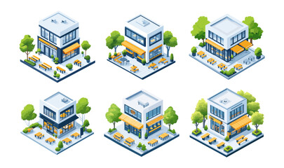 Poster - isometric cafe buildings. restaurant modern glass facade cafeteria with trees tables and wooden benc