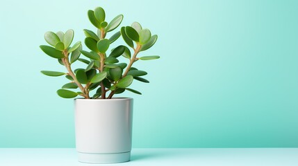 Wall Mural - Jade Plant in White Pot Against a Mint Green Background