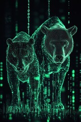 Poster - Green wireframe illustration of a bull and bear signifying the stock market with binary code background