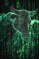 Poster - A dynamic green wireframe of a bull and a bear amidst binary code, symbolizing financial markets and digital trading concepts