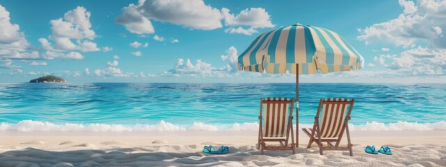 Wall Mural - Beach Relaxation with Striped Umbrella and Lounge Chairs