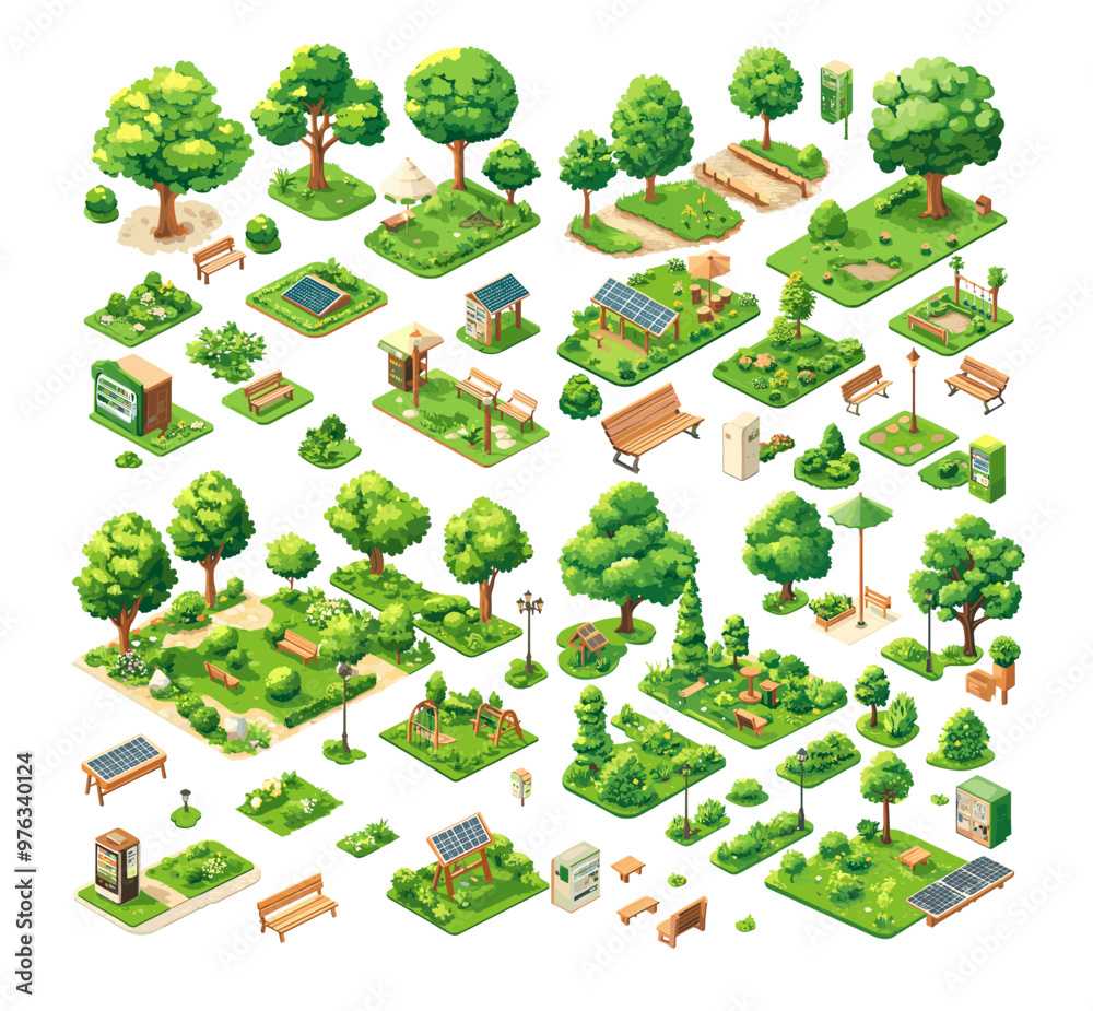 Isometric park elements. Green trees bushes flower beds, plants wooden ...
