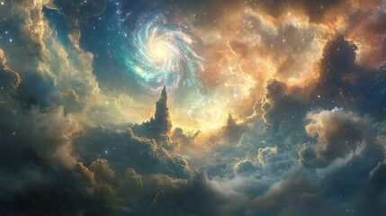 Wall Mural - A fantasy landscape with a tower in clouds, surrounded by a swirling galaxy.