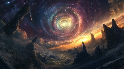 Wall Mural - A fantastical landscape with a swirling nebula in the sky.