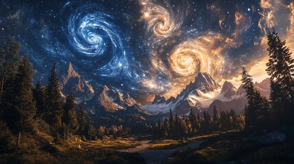 Wall Mural - A breathtaking landscape with majestic mountains silhouetted against a mesmerizing night sky filled with swirling galaxies.