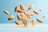 Amandes entières et concassées volant en l'air