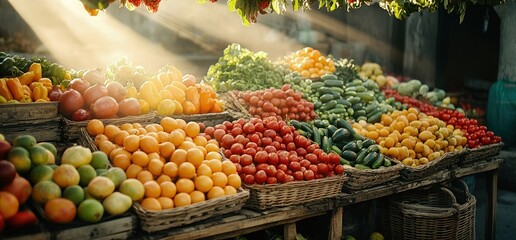 Sticker - A vibrant market stall filled with colorful fresh fruits and vegetables.