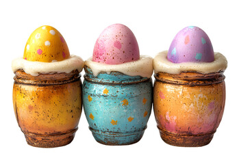 a group of colorful eggs in cups. 