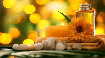 Wall Mural - A calming arrangement features a yellow candle alongside a bottle of essential oil and a vibrant flower, with smooth stones scattered on a soft towel. The warm ambiance invites relaxation