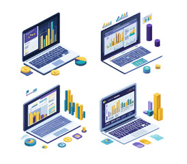 Fototapete - Isometry notebook business analytics concepts. Laptop chart bars diagrams graphs pointers screens, management strategy and company research financial information statistic report, isolated vector set