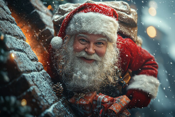 Poster - Santa Claus climbing down a chimney with a bag full of gifts, leaving presents under the tree. Concept of Christmas night and festive surprises.