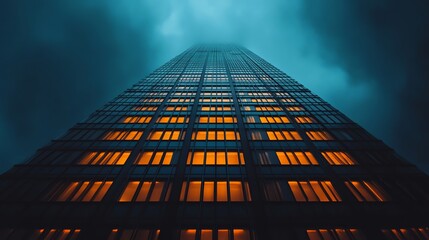 Wall Mural - Low angle view of a tall skyscraper at night with illuminated windows against a cloudy sky.