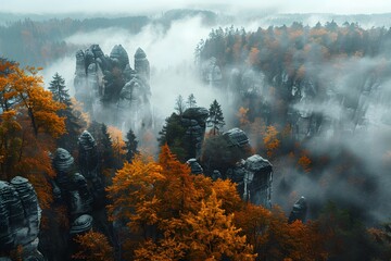 Wall Mural - Enchanted Autumn Landscape with Misty Rock Formations and Vibrant Foliage