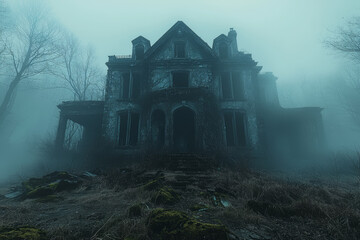 Poster - A spooky, abandoned mansion with broken windows and overgrown weeds, shrouded in mist. Concept of Halloween horror and haunted houses.