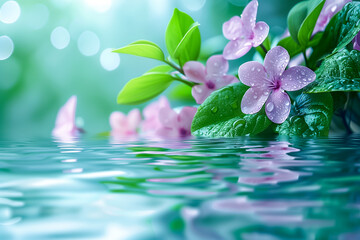 Wall Mural - Pink flowers adorned with droplets rest on lush green leaves, beautifully reflected in calm water, enhancing the serene ambiance of a spring morning