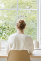 Sticker - Contemplative Woman Gazing Out a Window at Lush Green Trees, Capturing a Serene Moment of Reflection and Connection with Nature