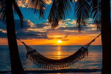 Tranquil Sunset Over a Hammock by the Ocean