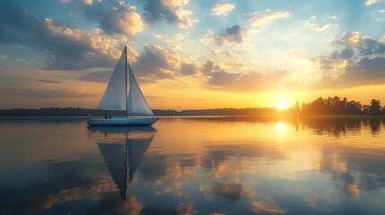 Wall Mural - Sailboat on calm water at sunset with golden light reflecting on the water.