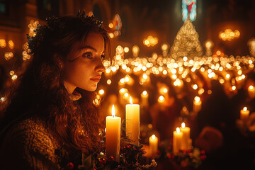 Wall Mural - A Christmas Eve service in a church, with candles being lit as hymns are sung. Concept of religious observance and holiday reflection.