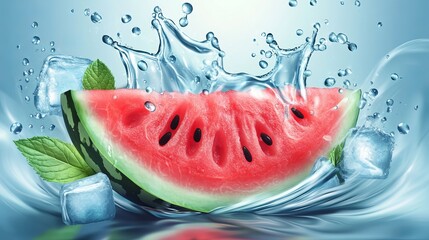 Canvas Print - 3D realistic vector of a watermelon slice with a water splash featuring cold beverage droplets mint leaves and ice cubes representing refreshing drink elements