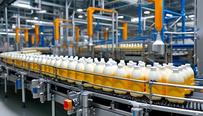 Wall Mural - Automated conveyor line for efficient packaging of dairy products in a modern factory setting