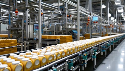 Wall Mural - Automated conveyor line for efficient packaging of dairy products in a modern factory setting