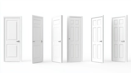 3d render of a set of white doors in various stages of opening isolated on a white background