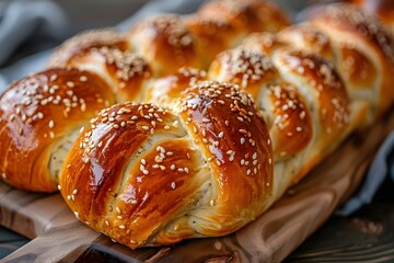 Freshly Baked Sesame Seed Braided Bread on a Wooden Board