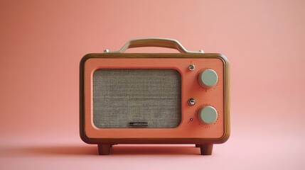 A vintage-style radio with a wooden frame and two knobs against a pink background.