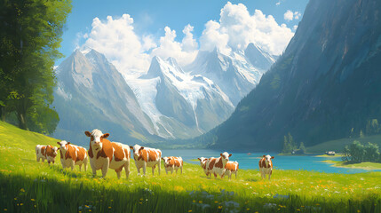 Illustration of Swizz cows on a meadow in the Alps, milk wallpaper background