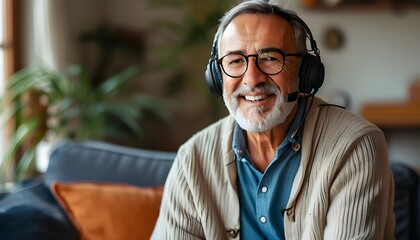 Canvas Print - Joyful active aging: mature man enjoying music and life at home with headphones