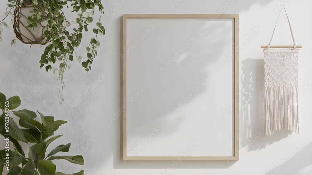 Interior poster mockup with vertical wooden frame on empty white wall ...