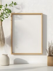 Wall Mural - Interior poster mockup with vertical wooden frame on empty white wall decorated with plant branch and hanging macrame pot. A4, A3 size format. 3D rendering, illustration